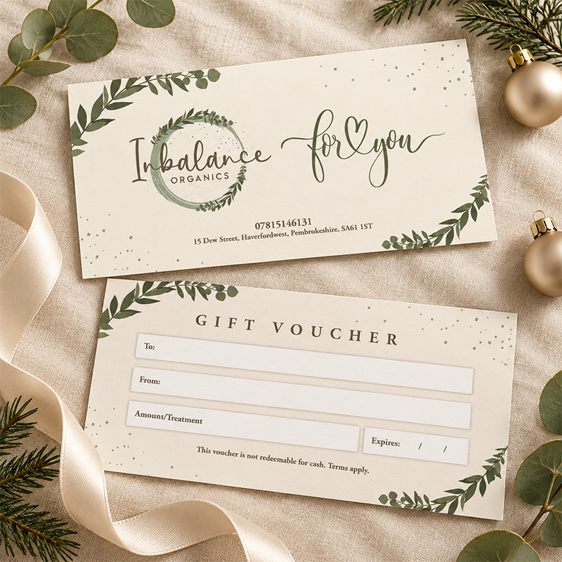 Example of front and back gift vouchers with botanical details and a silk-finish look