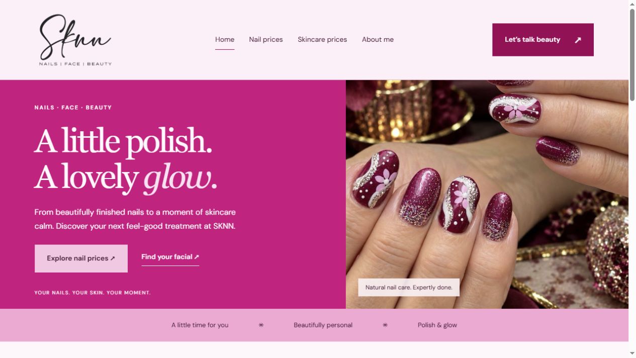 SKNN Beauty homepage, showing burgundy branding, floral nail photography and treatment price links